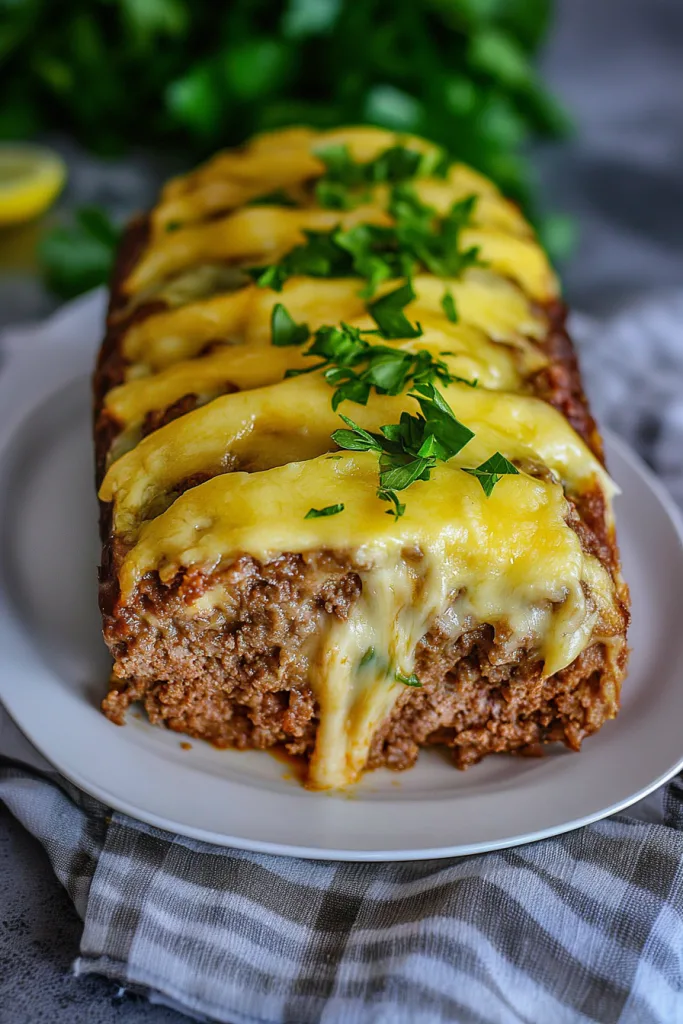 Final presentation of a hearty meatloaf topped with gooey cheese and fresh garnish.