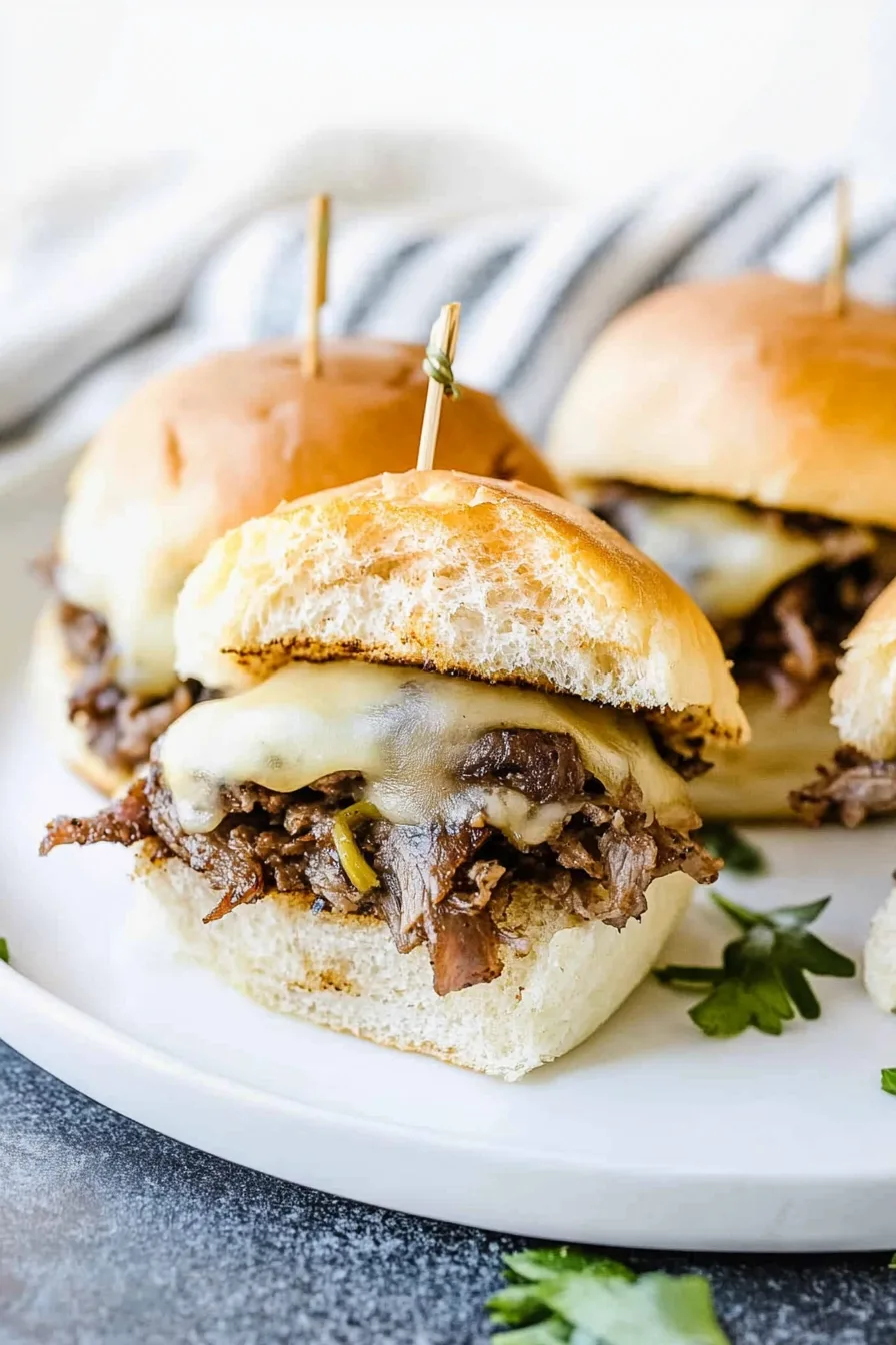 Final presentation of cheesesteak sliders on a white plate, ready to serve as a party appetizer.