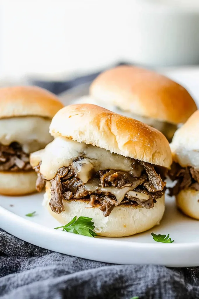Closeโup of mini cheesesteak sandwiches with gooey cheese and tender steak tucked inside soft rolls.