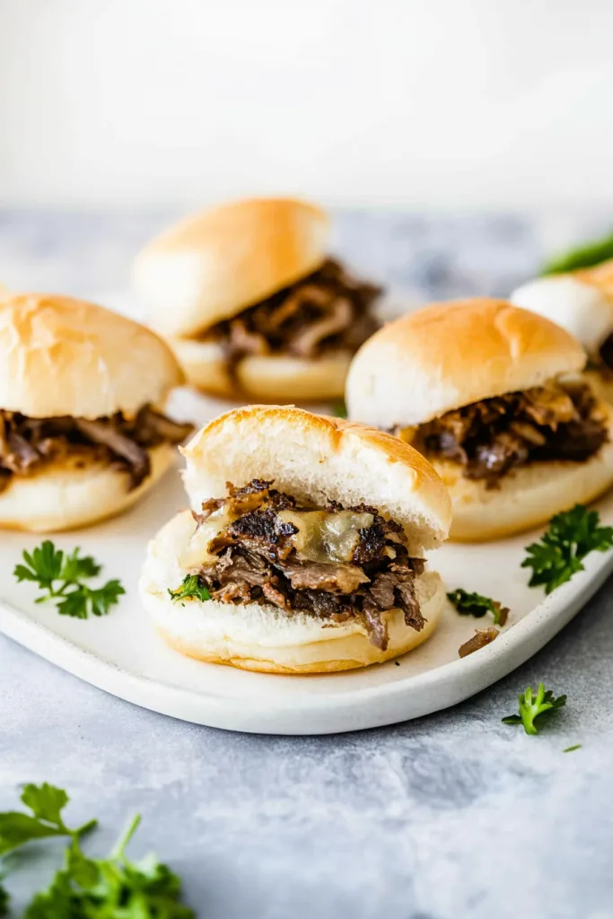Plated beef and cheese sliders garnished with fresh parsley, highlighting their rich texture and color.
