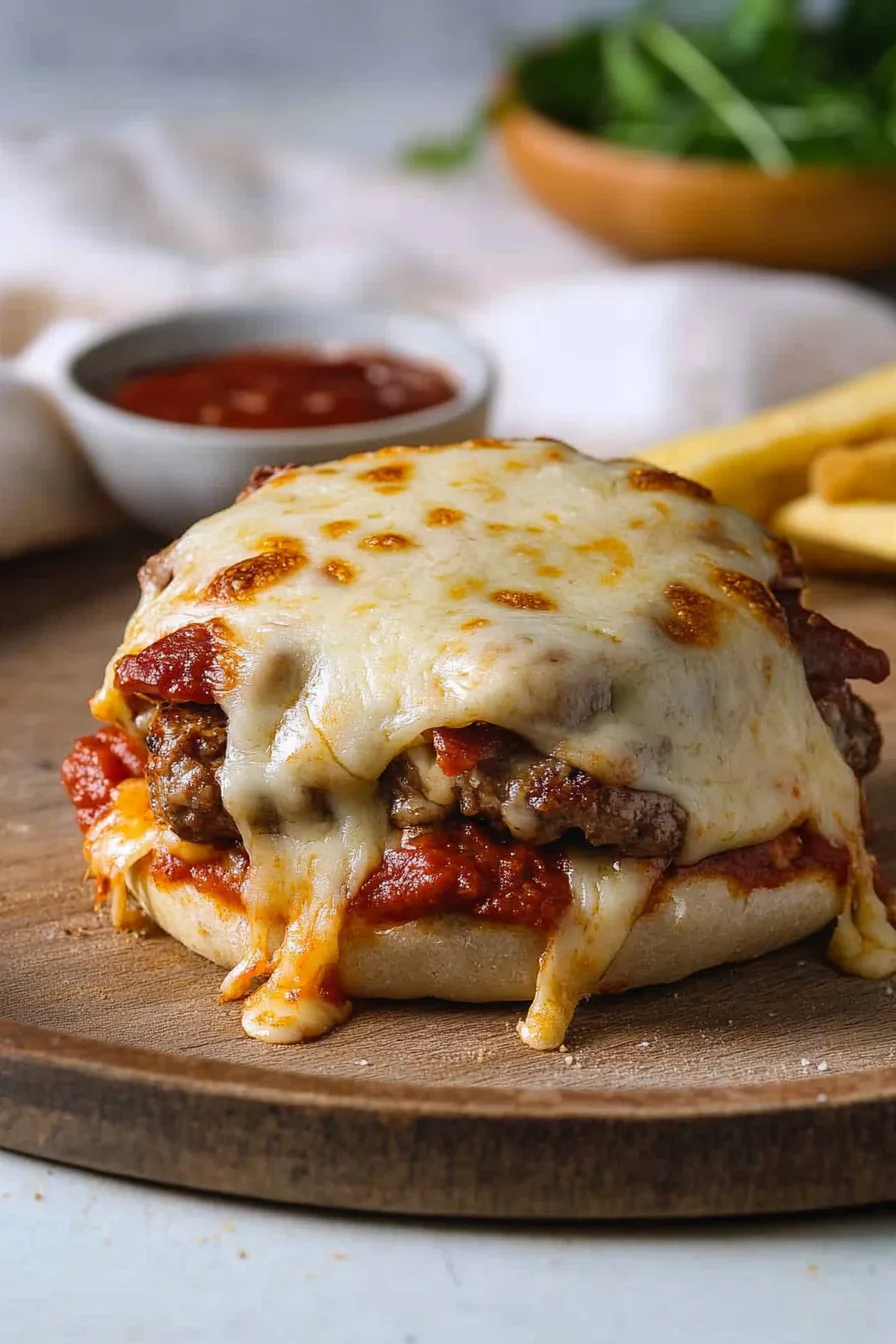 Sandwich layered with sauce and gooey cheese, served alongside fries and greens.