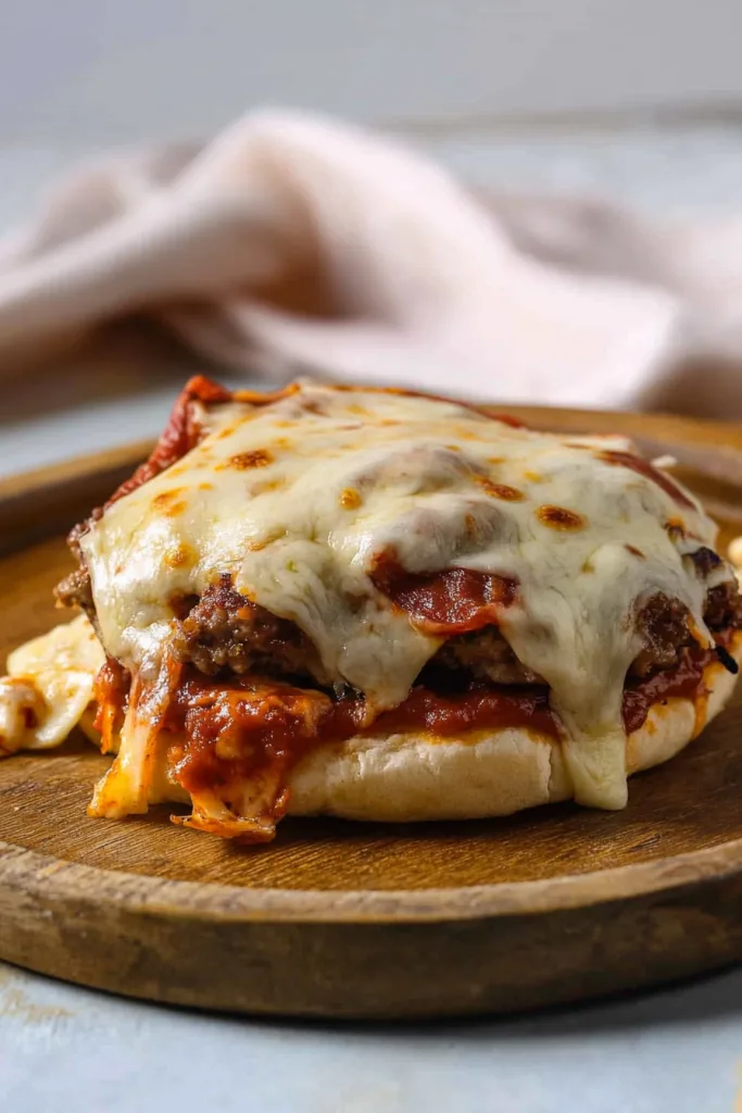 Burger topped with melted golden cheese and tomato sauce on a wooden board.