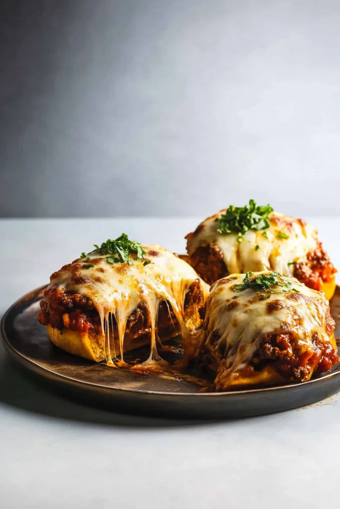 Juicy burger with pizza-inspired toppings, styled with a dipping sauce in the background.