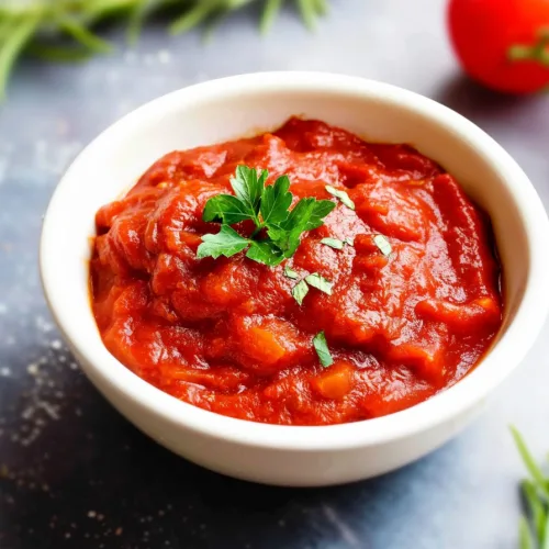 Homemade sauce presented simply with garnish and scattered seasoning around