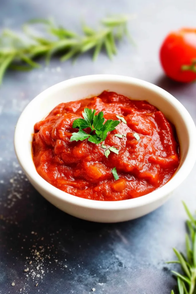 Homemade sauce presented simply with garnish and scattered seasoning around