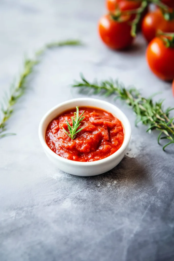 White bowl filled with rich red sauce topped with fresh parsley