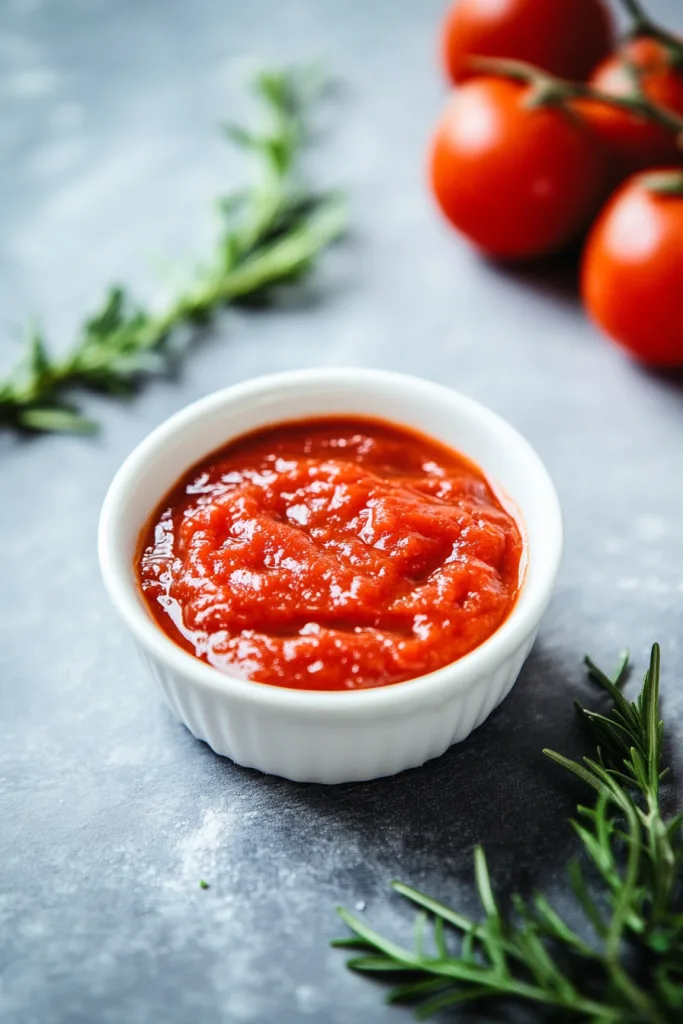 Smooth tomato-based sauce with visible chunks, styled on a dark surface