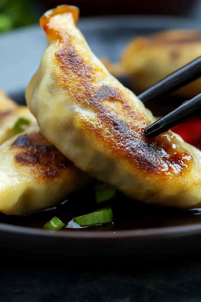 Golden-brown dumpling held with chopsticks over dipping sauce