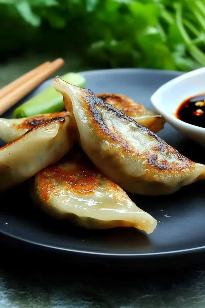 Savory dumplings paired with soy-based sauce and green onions