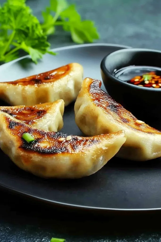 Rustic food scene highlighting dumplings with crisp edges and soft centers