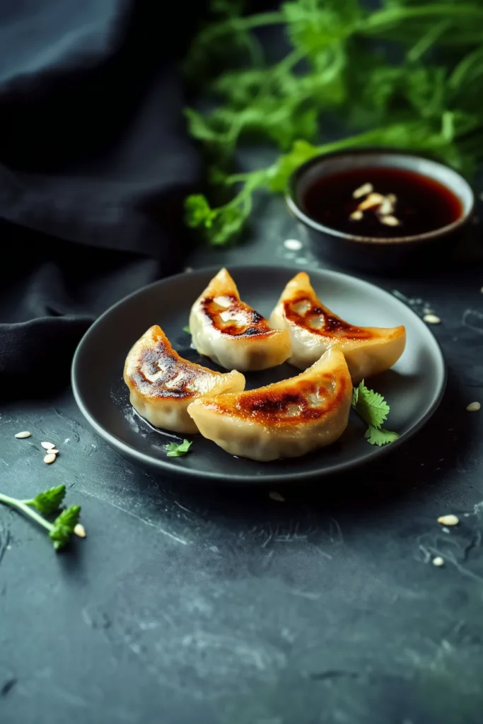 Crispy seared dumplings arranged neatly on a dark plate