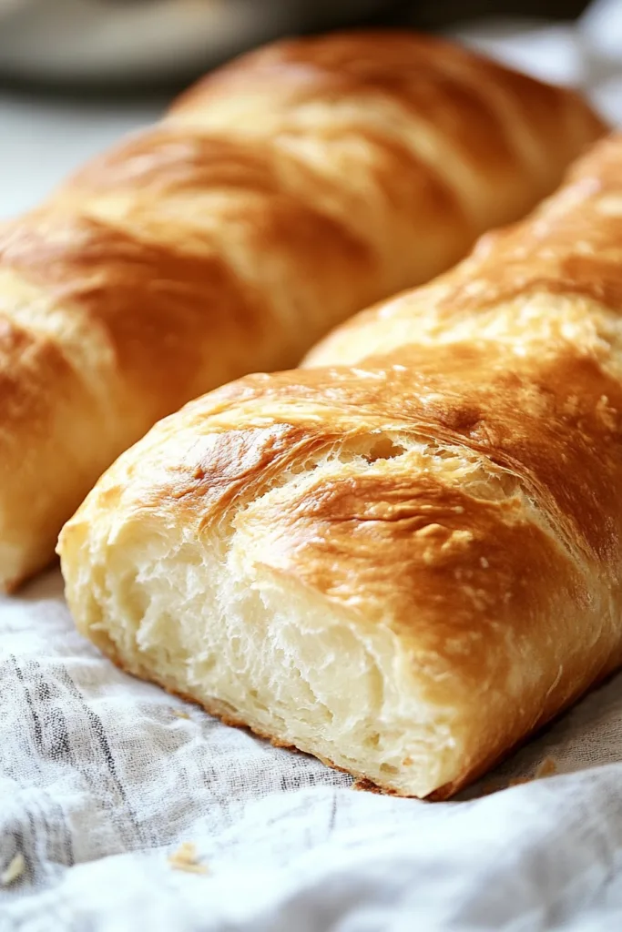 Two freshly baked loaves with golden crust resting on a cloth