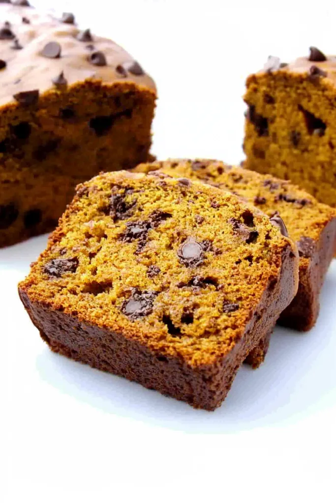 Sliced loaf showing moist orange-brown crumb with chocolate chips inside