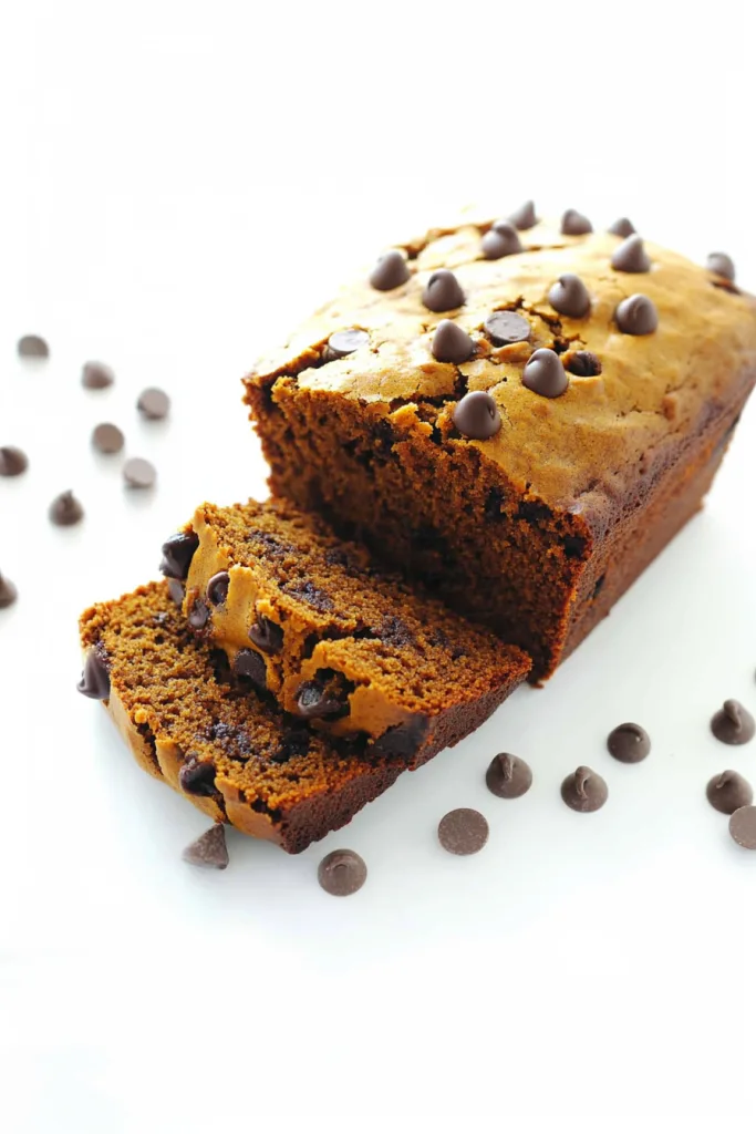 Whole loaf on a white surface with scattered chocolate chips nearby