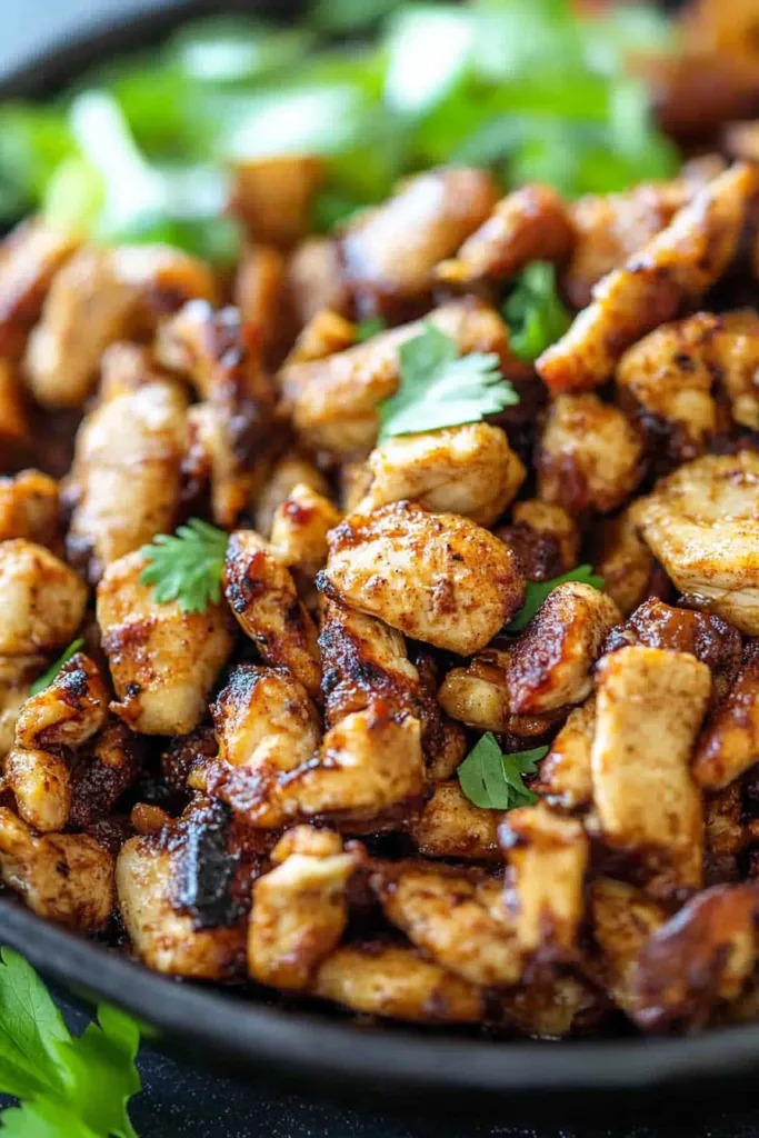 Close-up of tender chicken pieces mixed with beans and vegetables in a savory sauce.