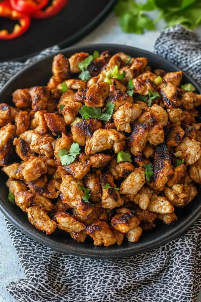 Tender chicken chunks arranged neatly in a bowl, with herbs sprinkled on top for freshness.