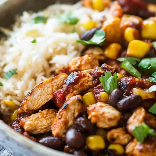 A colorful bowl of diced chicken, black beans, corn, and tomatoes served over rice with fresh cilantro garnish.