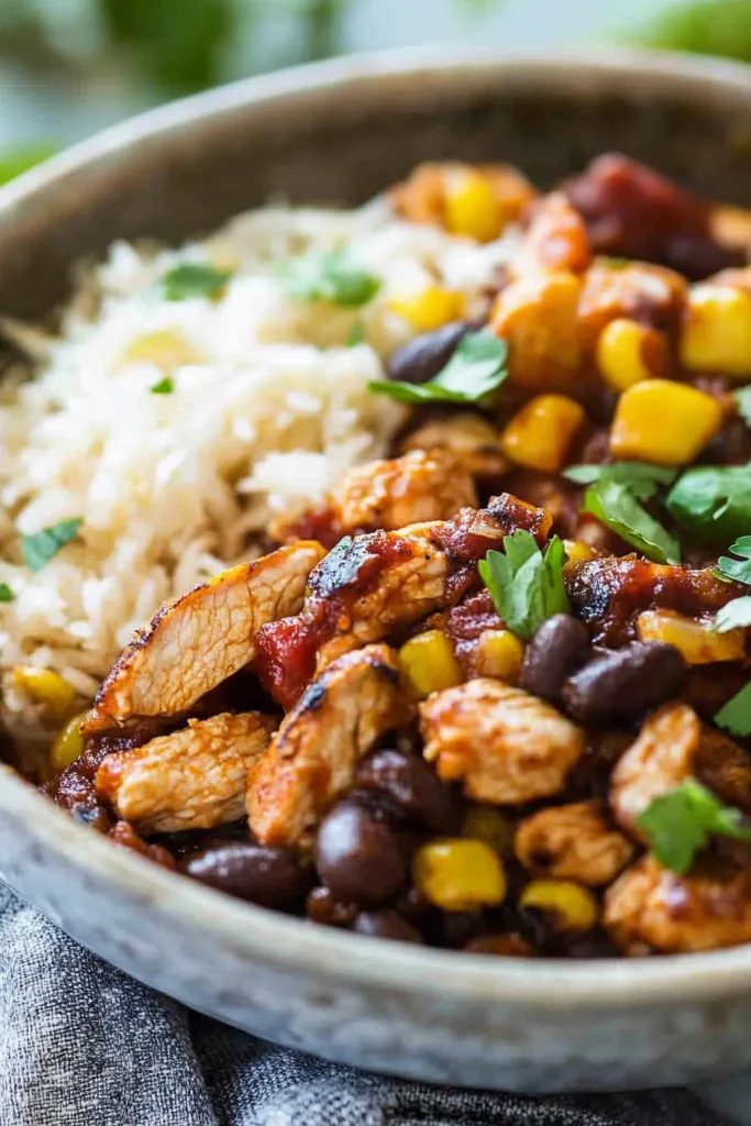 A colorful bowl of diced chicken, black beans, corn, and tomatoes served over rice with fresh cilantro garnish.