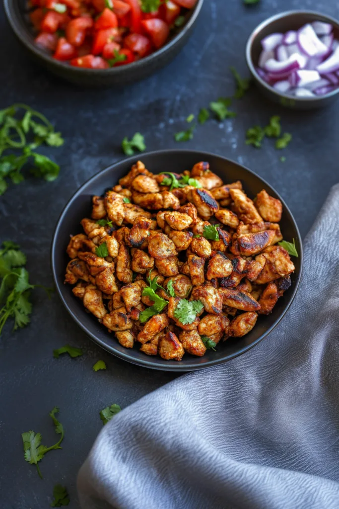 Qdoba adobo chicken plated with cilantro garnish, showcasing bold flavors and rustic presentation.
