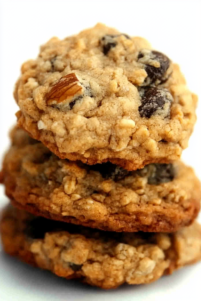 Close-up of rustic cookies showing crunchy oats and chewy raisin pieces.