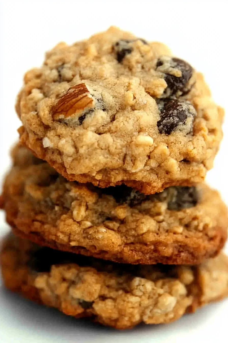 Close-up of rustic cookies showing crunchy oats and chewy raisin pieces.