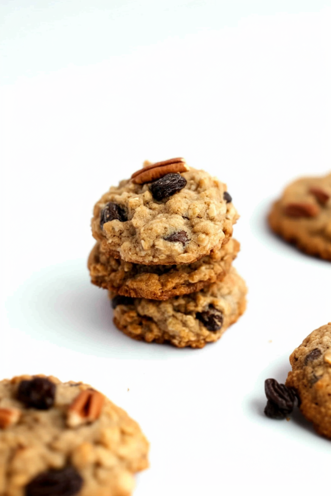 Cookies with visible oats and raisins, styled simply on a white background.