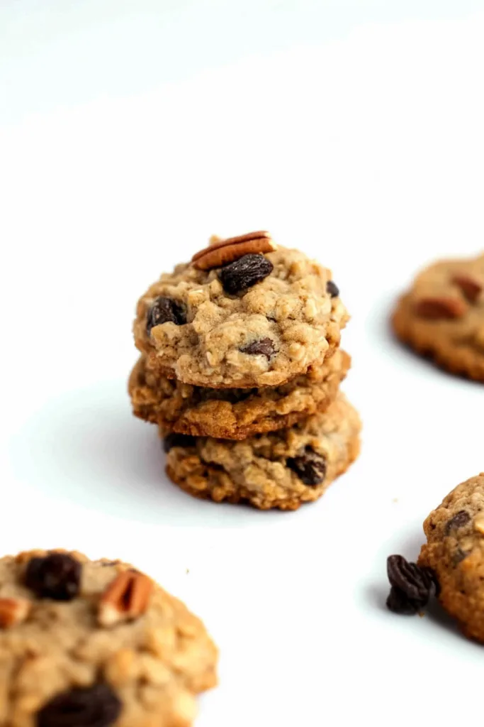 Cookies with visible oats and raisins, styled simply on a white background.