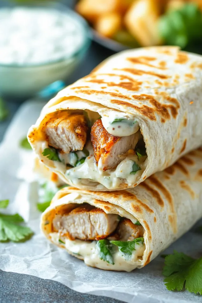 Toasted tortilla wrap packed with seasoned chicken and a rich herb dressing, shown in a close-up final serving.