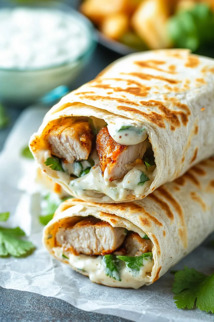 Toasted tortilla wrap packed with seasoned chicken and a rich herb dressing, shown in a close-up final serving.