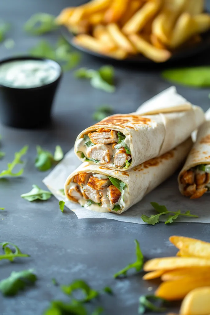Stacked chicken tortilla wraps featuring tender chicken pieces and a creamy ranch-style sauce for an easy meal.