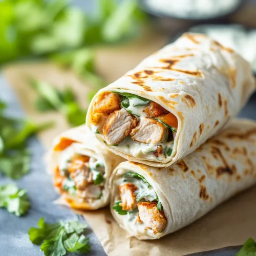 Homemade chicken wraps with juicy chicken breast, creamy filling, and fresh cilantro in a golden-brown tortilla.