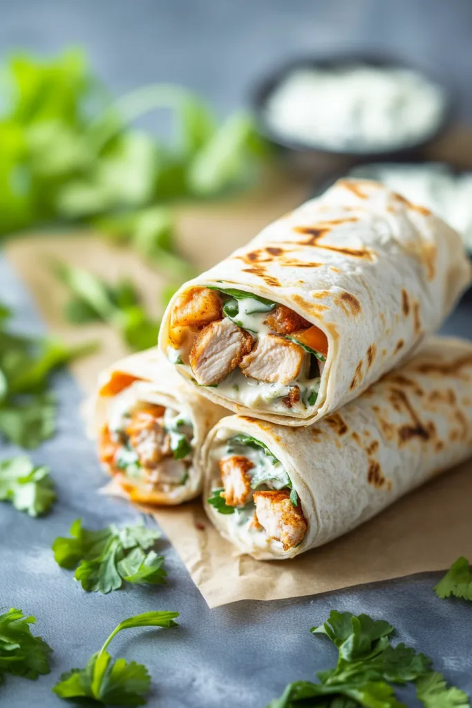 Homemade chicken wraps with juicy chicken breast, creamy filling, and fresh cilantro in a golden-brown tortilla.