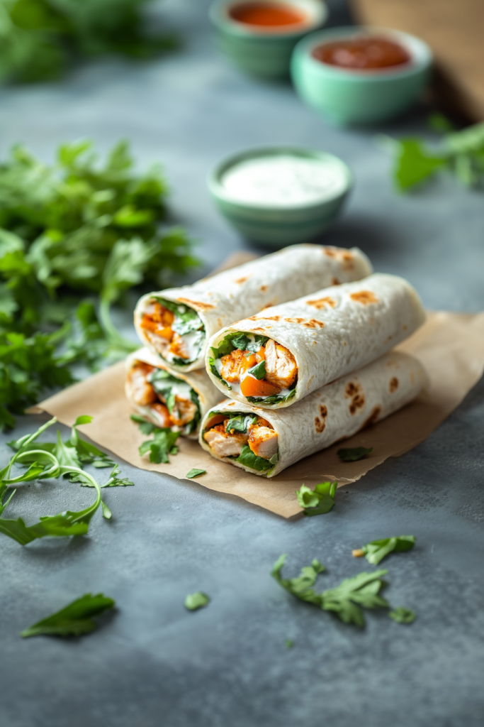 Grilled chicken wrap filled with creamy ranch sauce and fresh herbs, sliced and served on parchment paper.