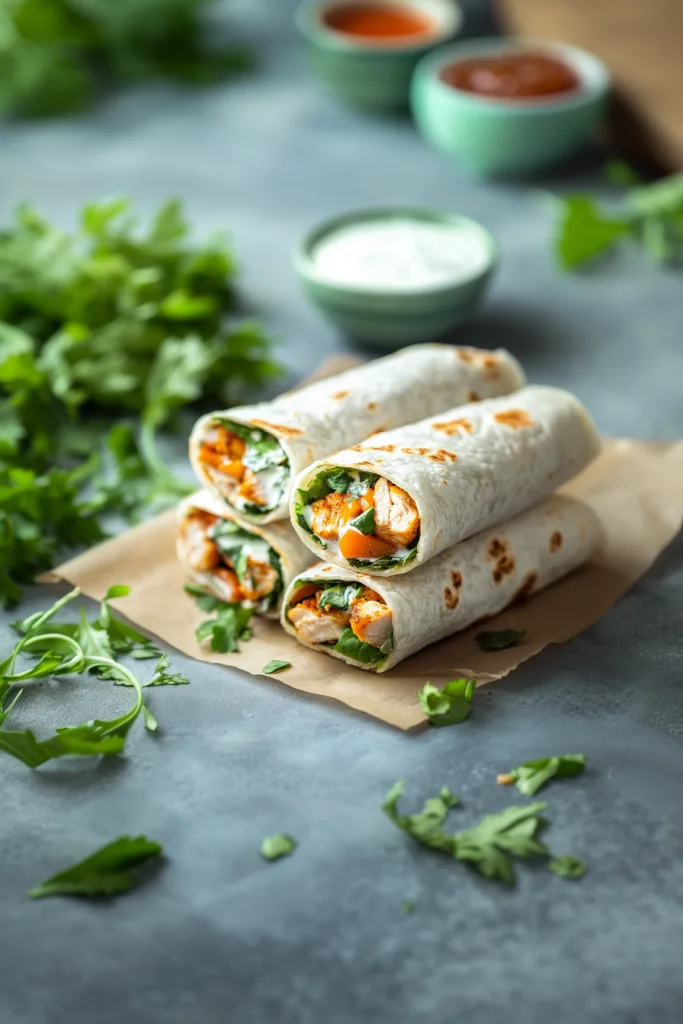Grilled chicken wrap filled with creamy ranch sauce and fresh herbs, sliced and served on parchment paper.