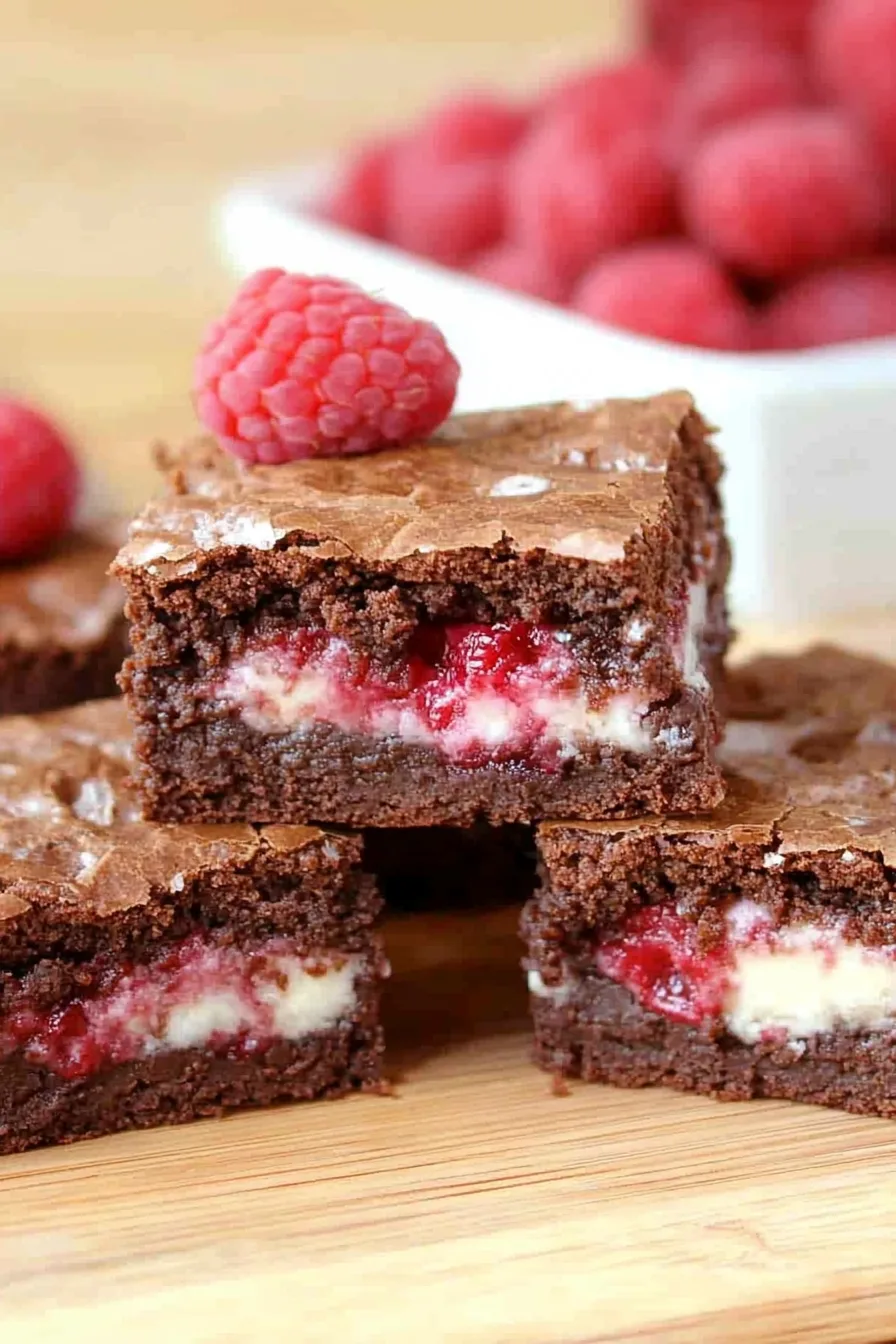 Dessert plate with rich brownies, creamy layers, and bright red raspberries for garnish.