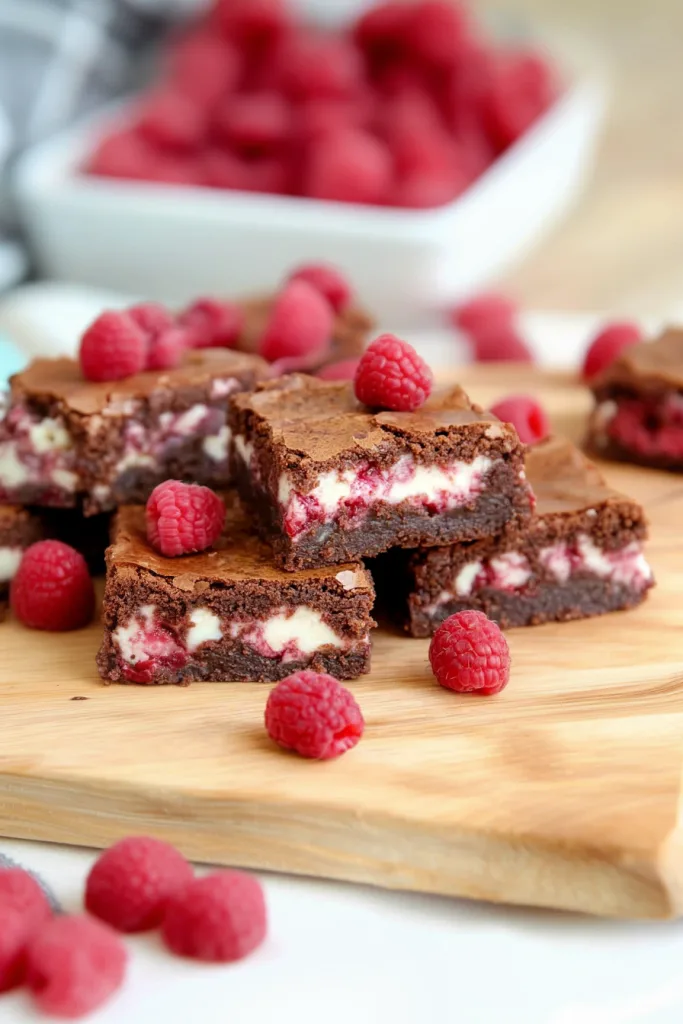 Brownies on a white plate with glossy tops and fresh raspberries scattered around.