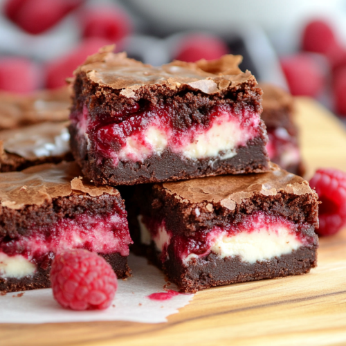 Stacked chocolate brownies highlighting cracked surface and colorful fruit inside.