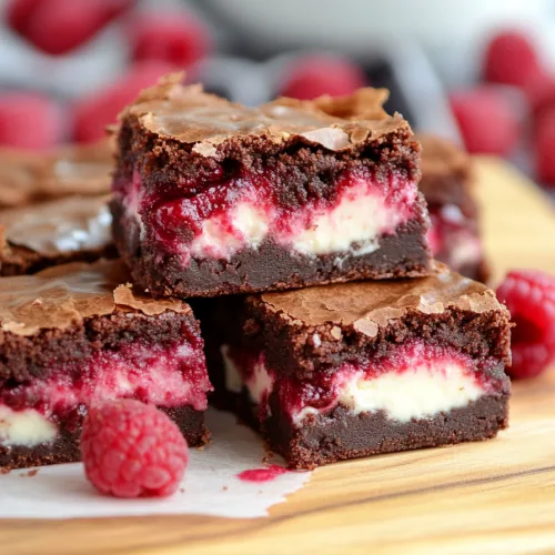 Stacked chocolate brownies highlighting cracked surface and colorful fruit inside.