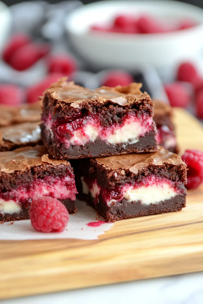 Stacked chocolate brownies highlighting cracked surface and colorful fruit inside.