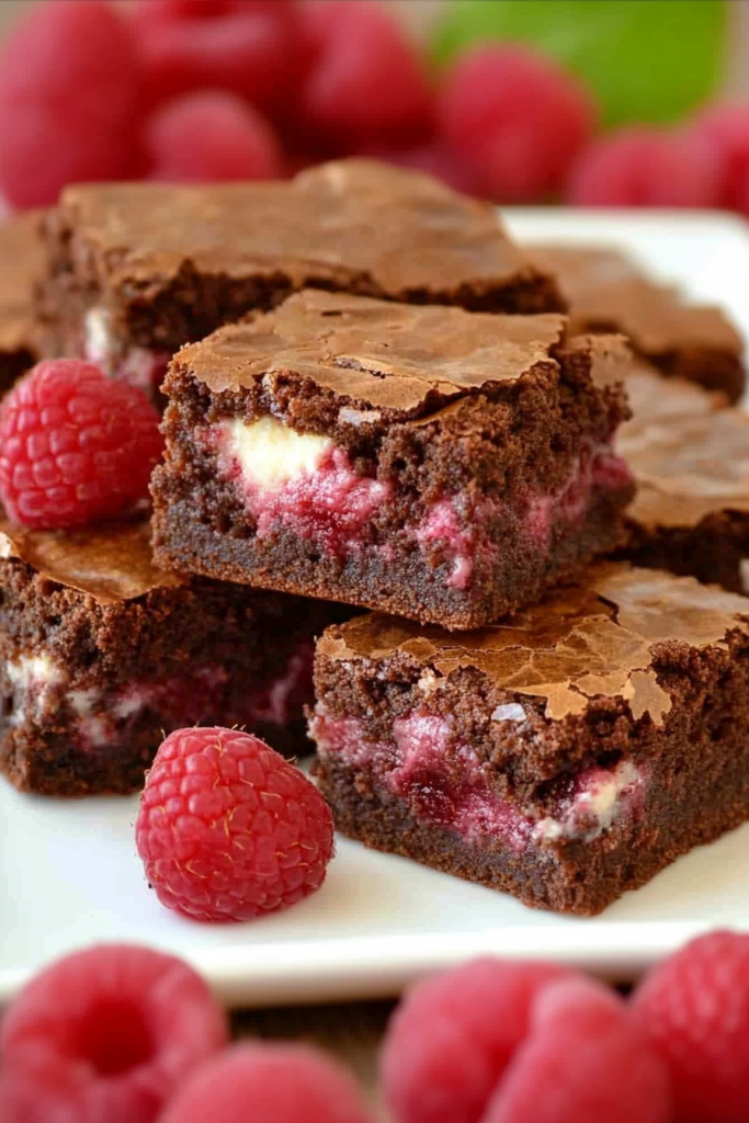 Brownie pieces arranged neatly, contrasting dark chocolate exterior with creamy raspberry filling.