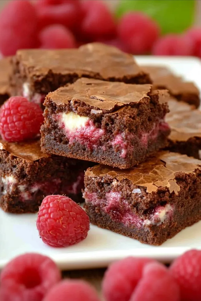 Brownie pieces arranged neatly, contrasting dark chocolate exterior with creamy raspberry filling.