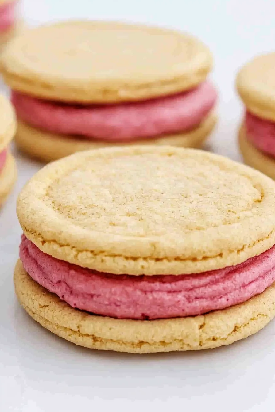 Finished dessert display featuring crisp cookie shells and a bold raspberry cream layer.