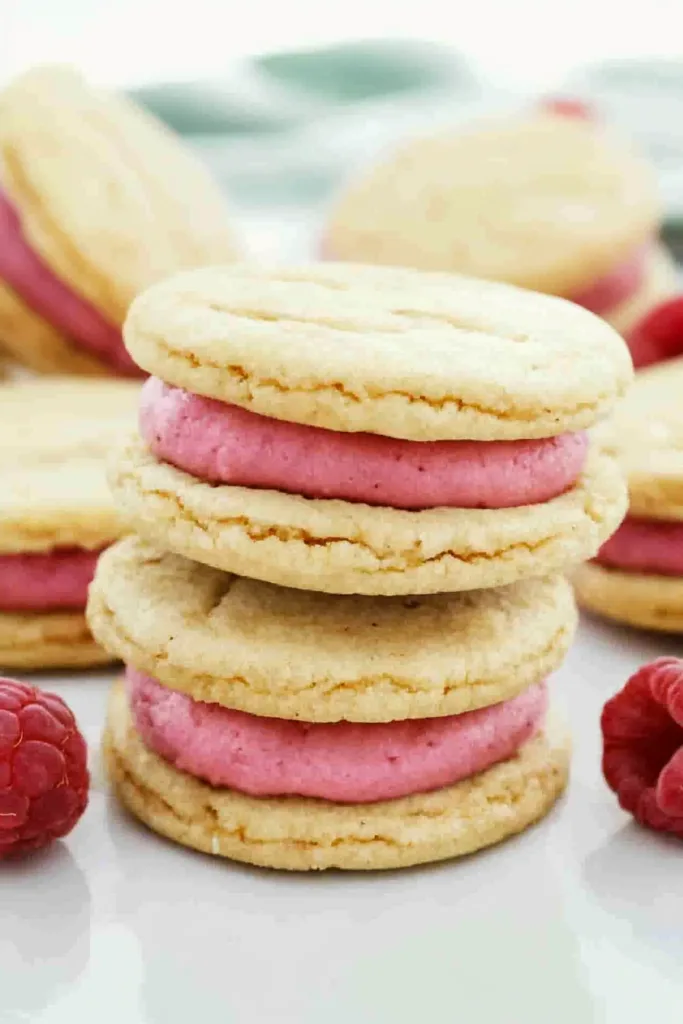A plate of pastel cookies with creamy raspberry centers, styled with scattered berries for contrast.