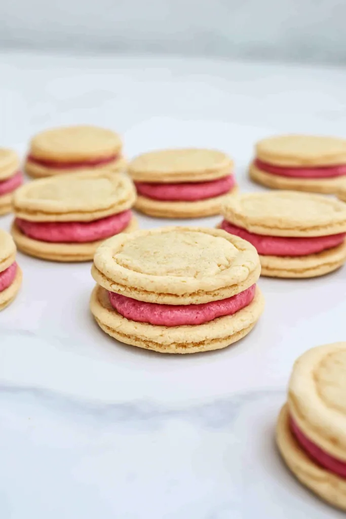 Rows of round cookies with pale tops and bright pink layers, arranged neatly for a finished look.