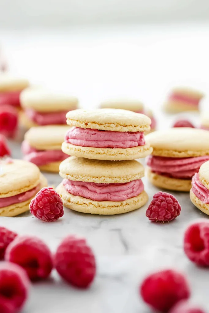 Stacked sandwich cookies on a light surface, showing off their smooth shells and vibrant filling.