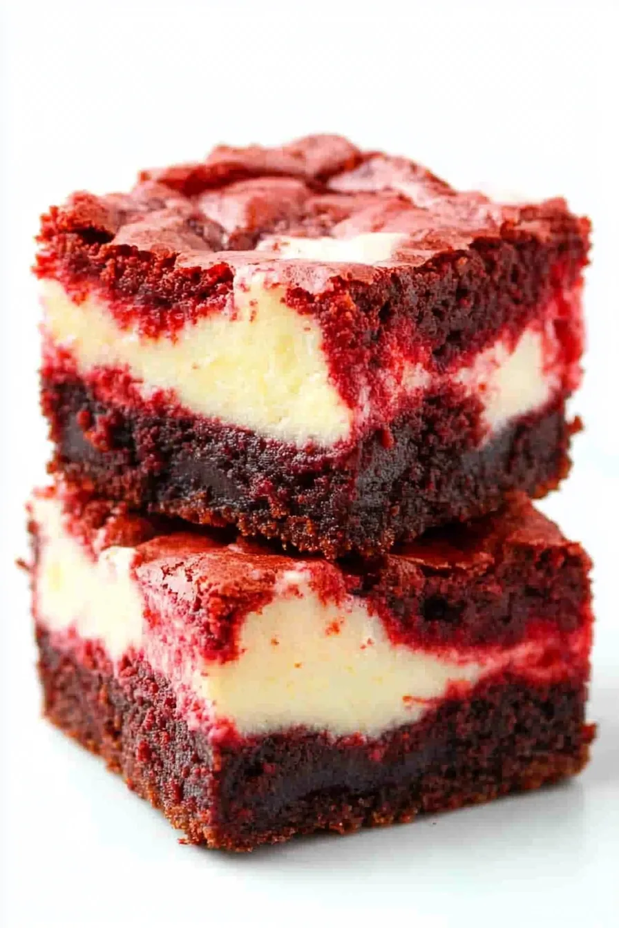 Close-up of brownie highlighting contrast between deep red crumb and smooth white filling.
