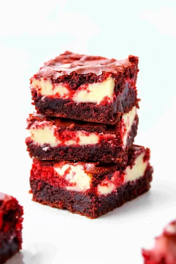 Stacked dessert squares showing red velvet layers with creamy cheesecake center.
