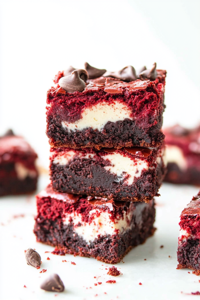 Red Velvet Cheesecake Brownie emphasizing bold color contrast and dense texture.