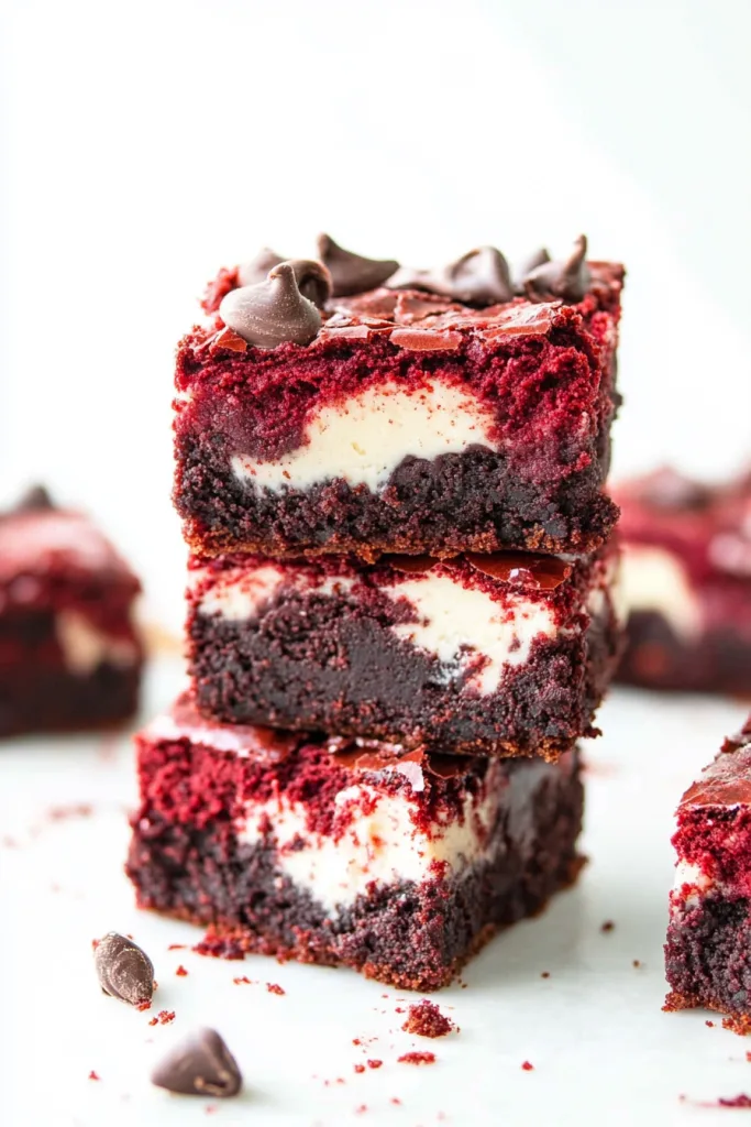 Red Velvet Cheesecake Brownie emphasizing bold color contrast and dense texture.