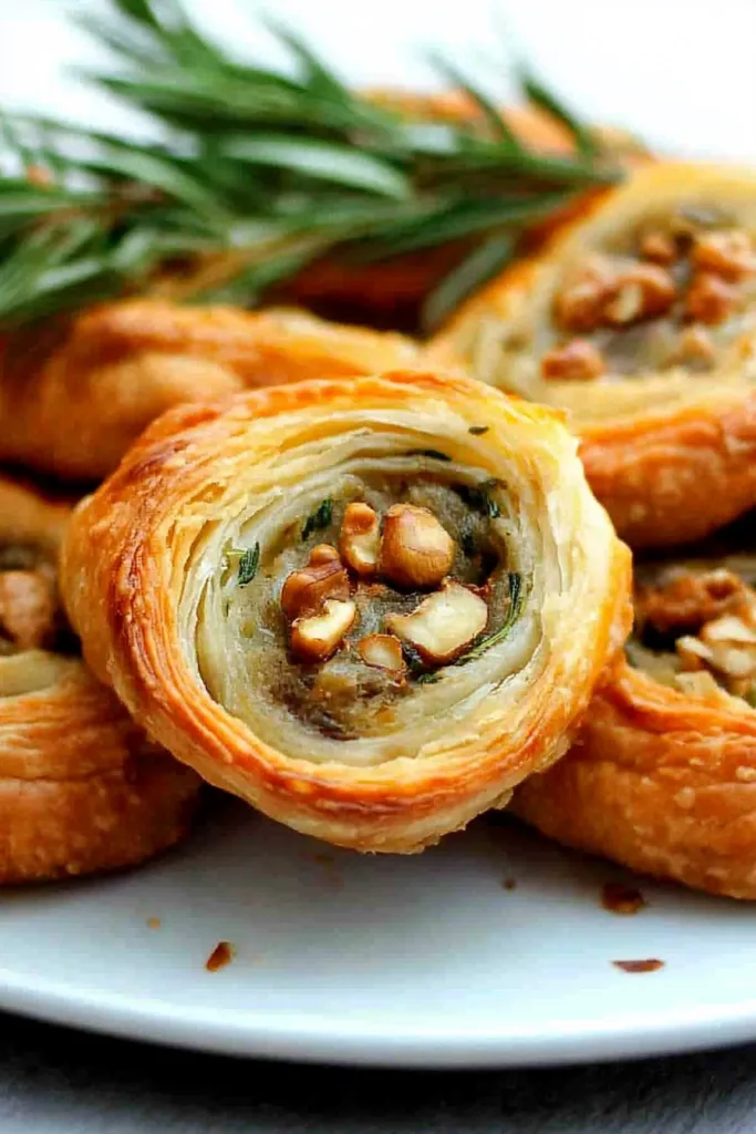Golden puff pastry pinwheels with visible nutty filling.
